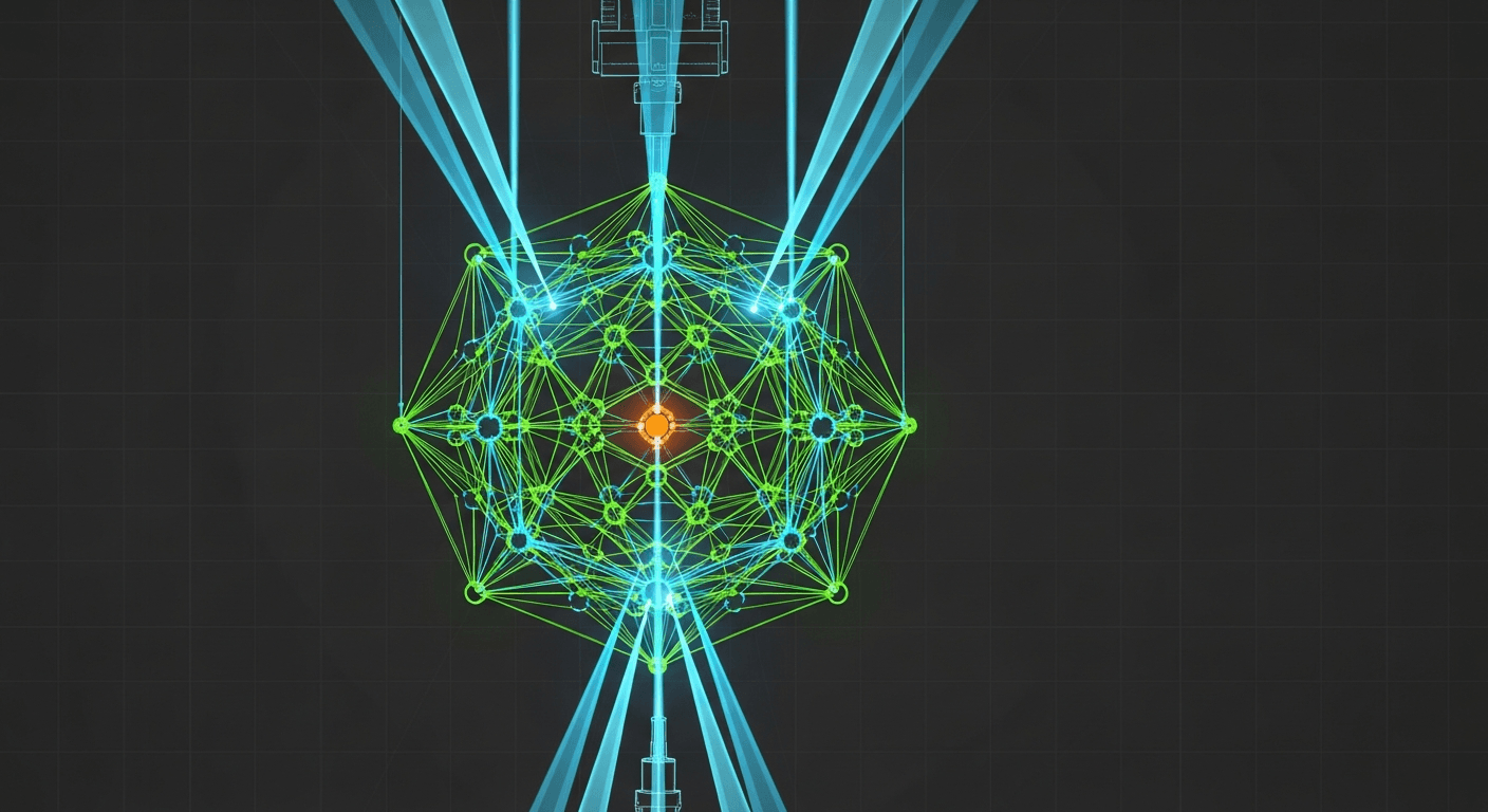 Automated campaign assembly visualized as beams of light building a crystalline lattice